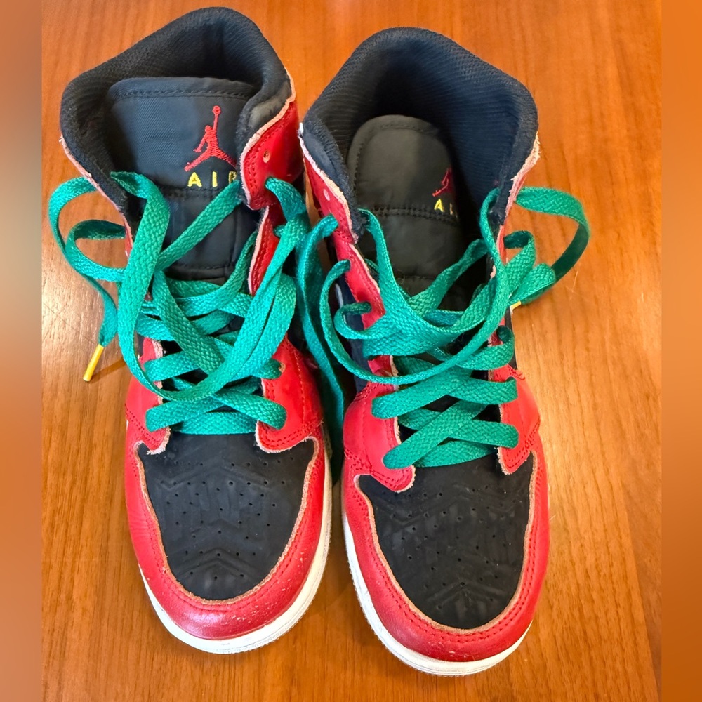 Nike Air Jordan Red and Black Sneakers with Green Laces